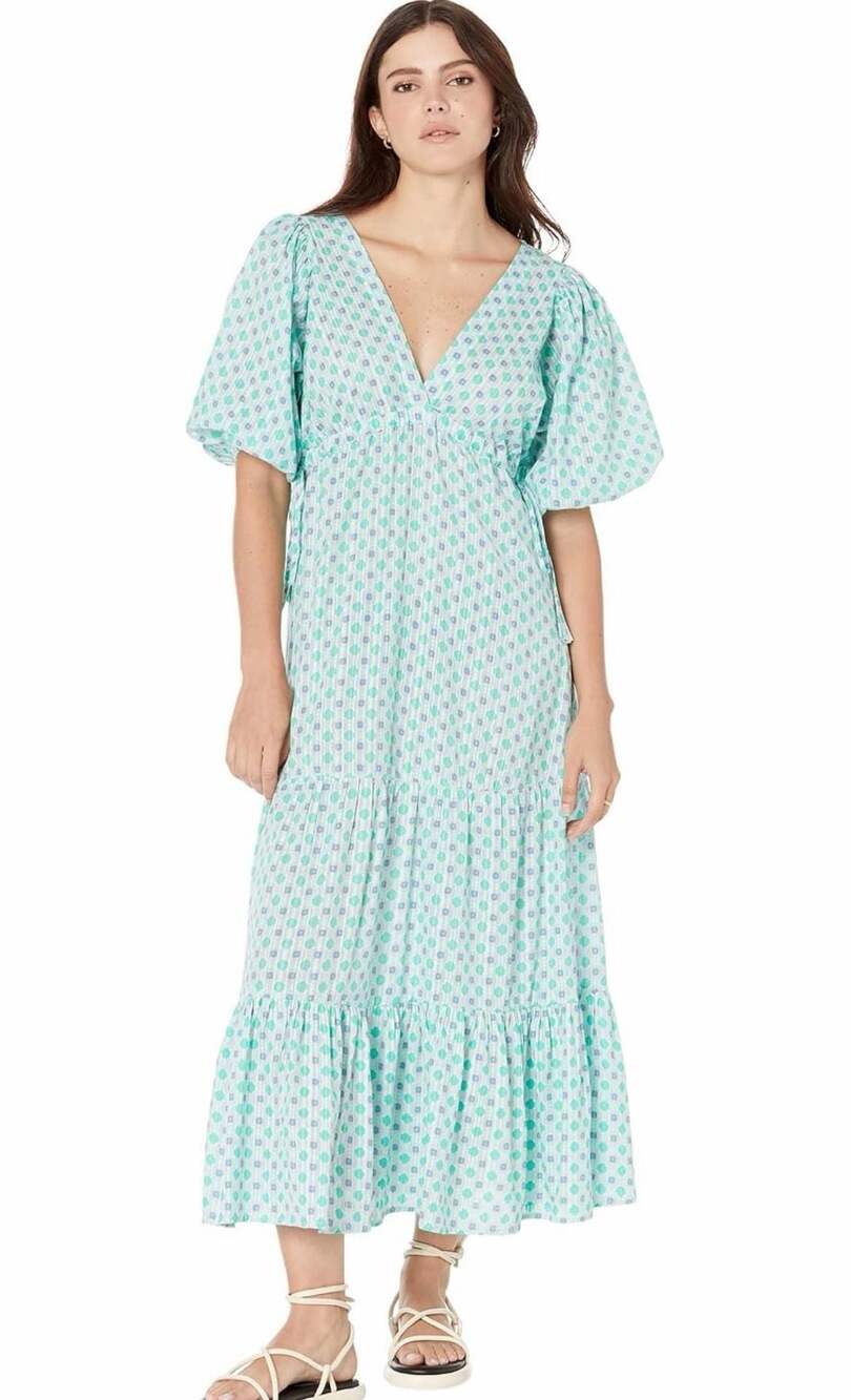 Mango 423Basil Geometric Print Puff Sleeve Tiered Maxi Dress